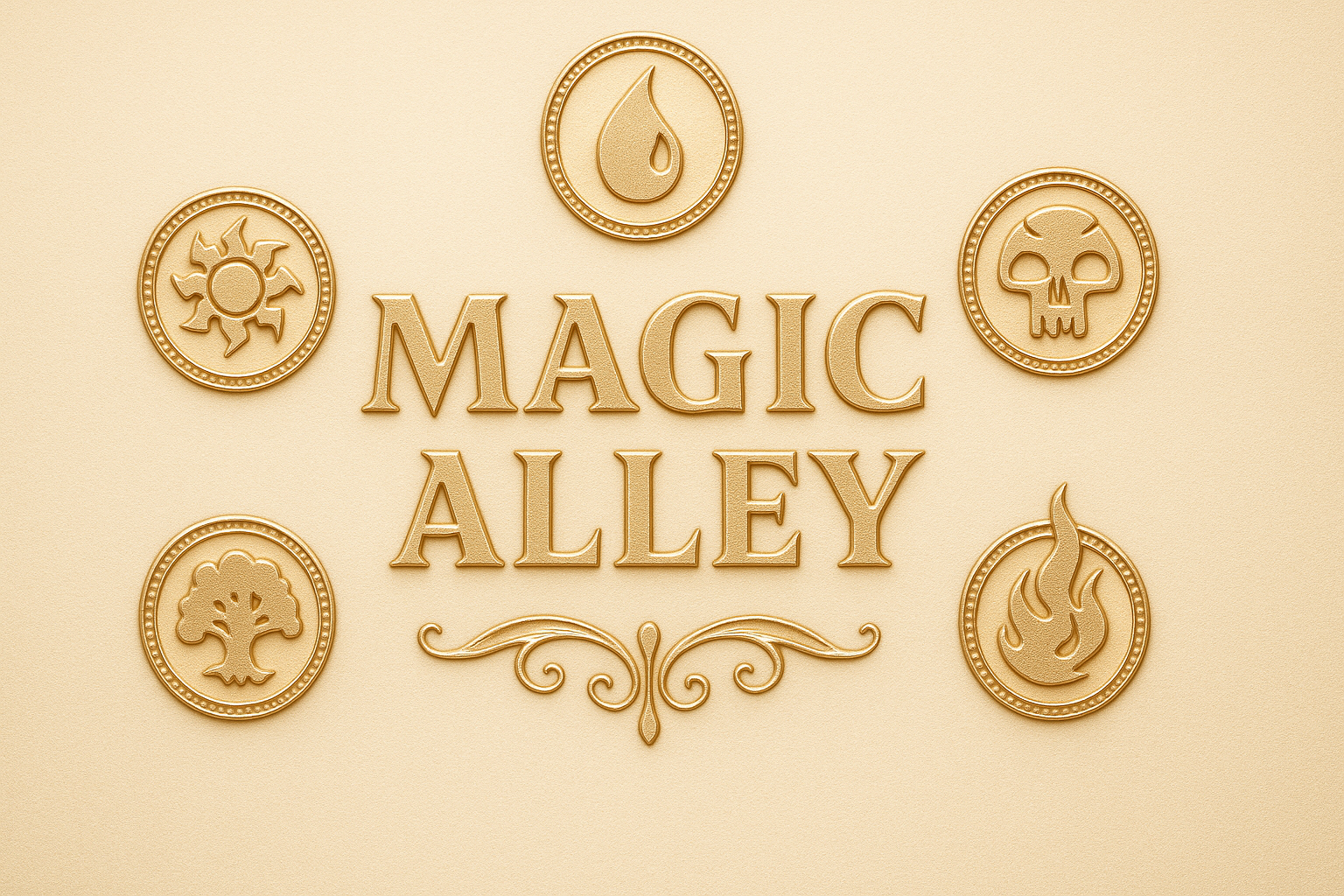 Magic Alley banner with circled unique mana symbols and decorative flourish